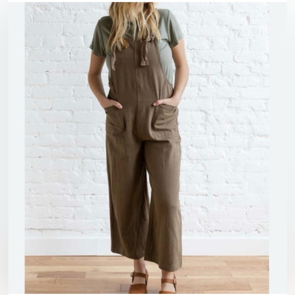 Miou Muse Josie Washed Cotton Linen Jumpsuit Overalls, Large